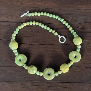 Artisan Earthy Green Ceramic Bead Statement Necklace w Round Silver Toggle Clasp